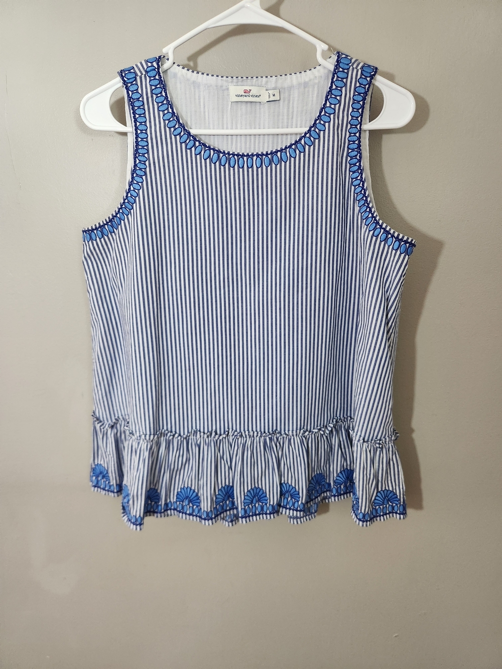 Vineyard Vines Blue Striped Embroidered Tank Ruffle Nautical Preppy Coastal